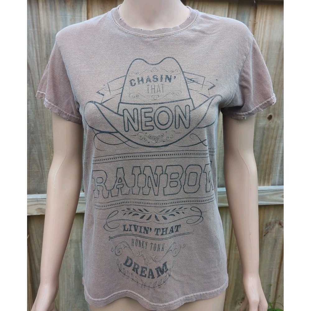Alan Jackson Women's T-shirt Chasing‎ That Neon Rainbow Xs Brown Distressed
